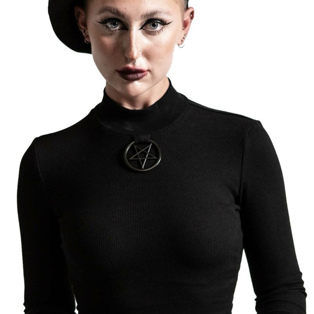 Killstar Black Long Sleeve Cropped Top with Pentagram Charm - Picture 3 of 3